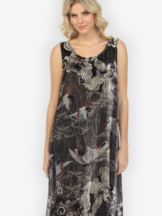 Black White Crane Velvet Dress