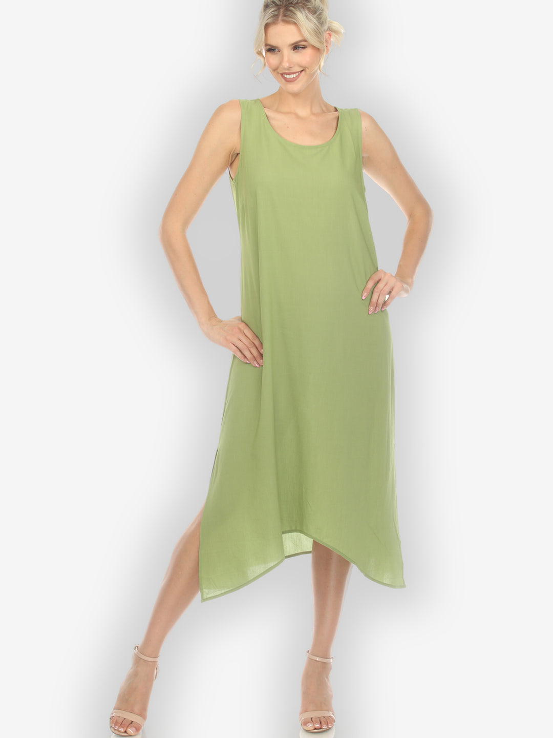 Solid Olive Silk Blend Tank Dress