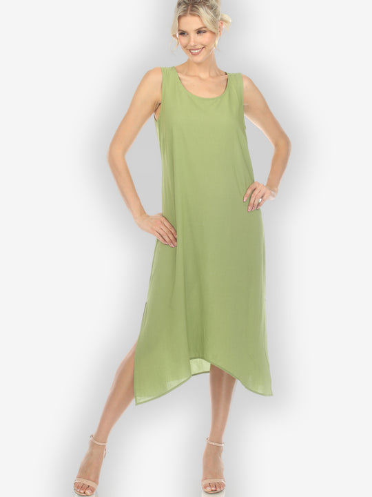 Solid Olive Silk Blend Tank Dress