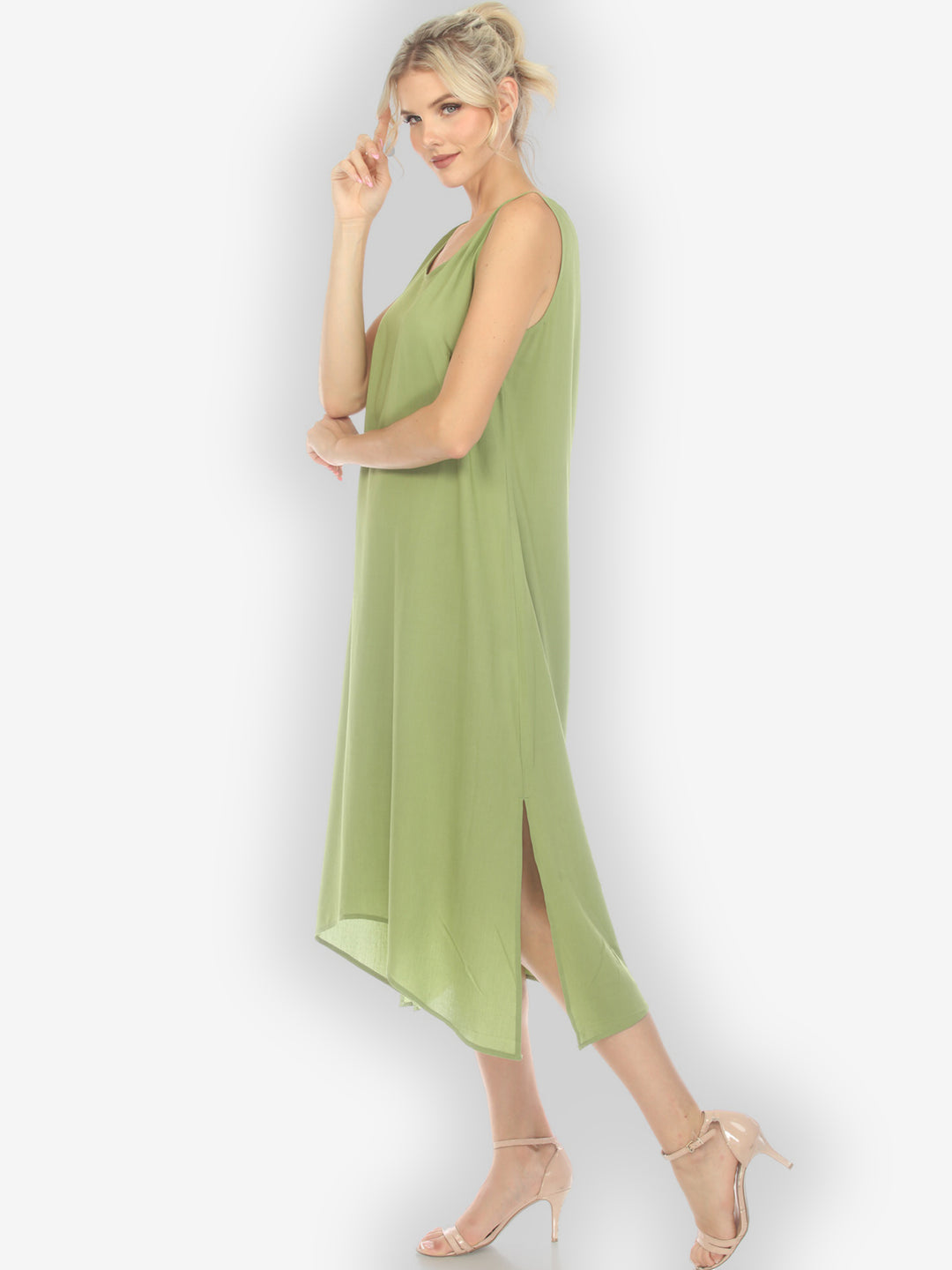 Solid Olive Silk Blend Tank Dress