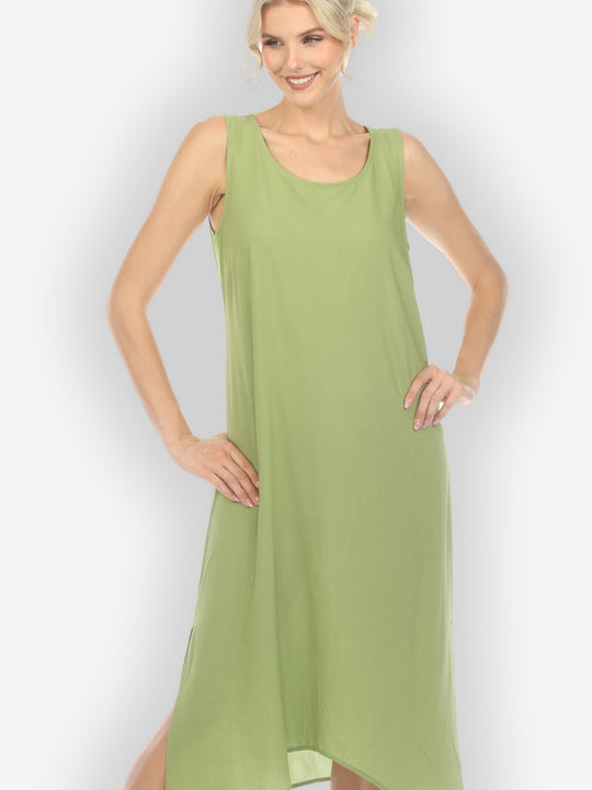 Solid Olive Silk Blend Tank Dress