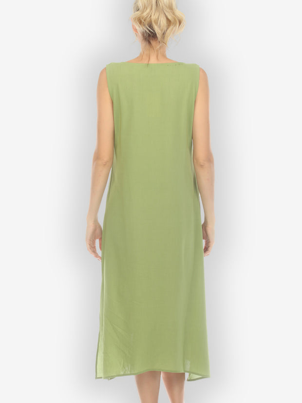 Solid Olive Silk Blend Tank Dress