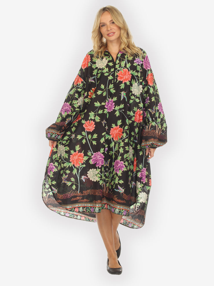Border Floral Butterflies in Black Cotton Dress