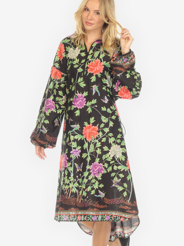 Border Floral Butterflies in Black Cotton Dress
