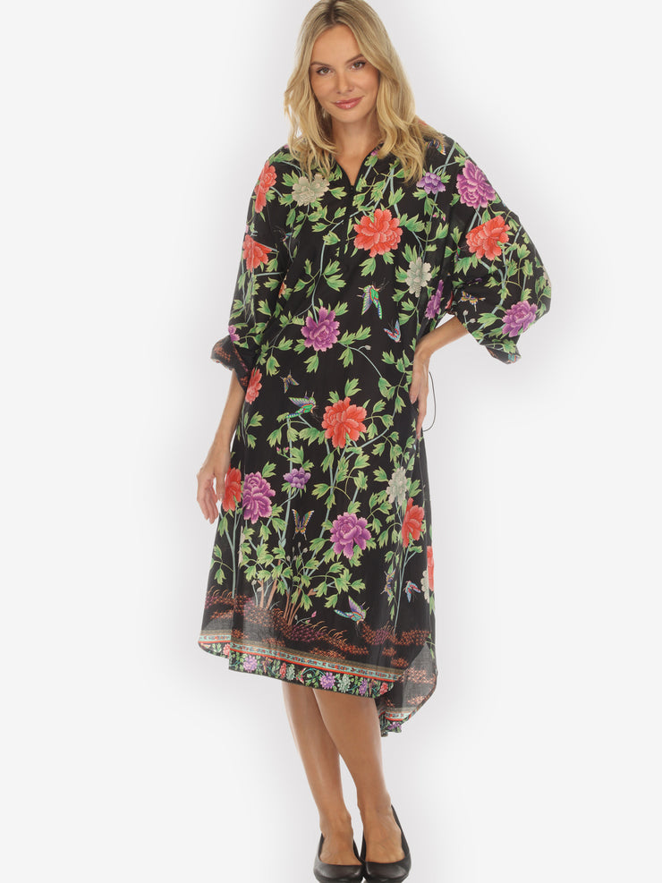 Border Floral Butterflies in Black Cotton Dress