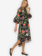Border Floral Butterflies in Black Cotton Dress