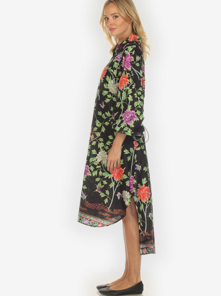 Border Floral Butterflies in Black Cotton Dress