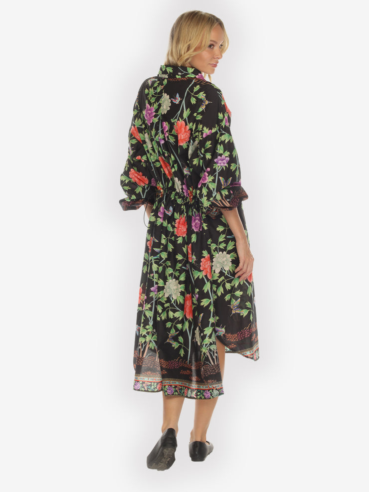 Border Floral Butterflies in Black Cotton Dress