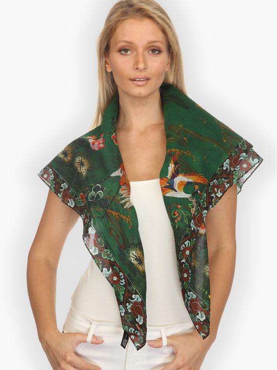 Elegant Crane Lotus Cotton Scarf