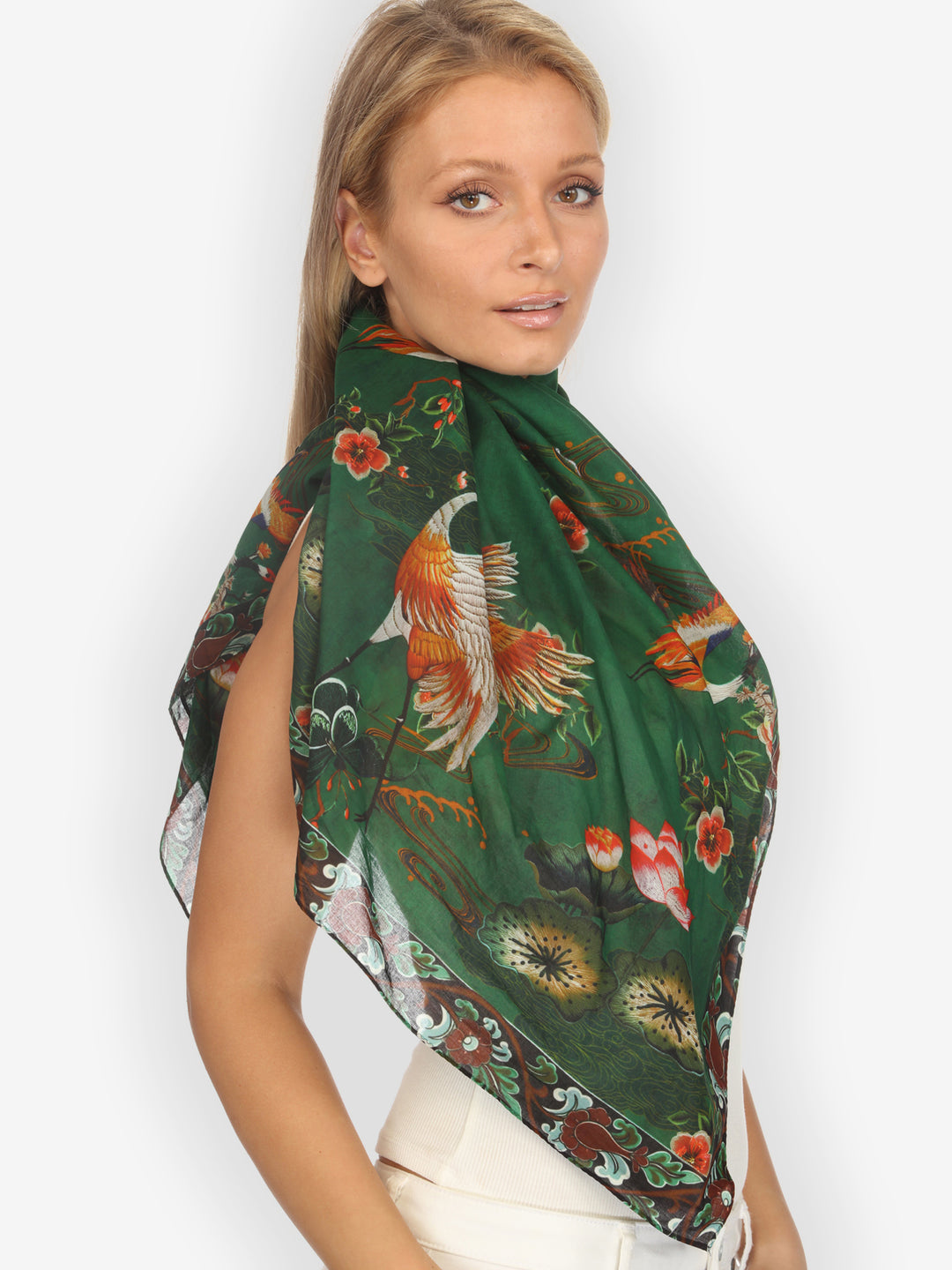 Elegant Crane Lotus Cotton Scarf