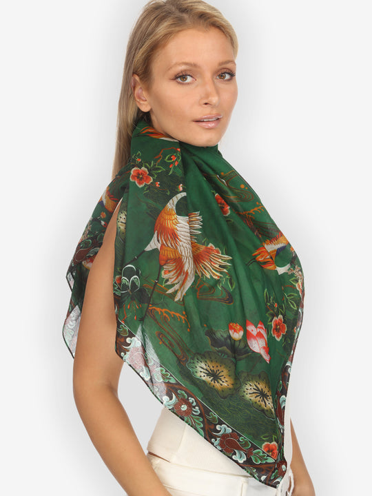 Elegant Crane Lotus Cotton Scarf