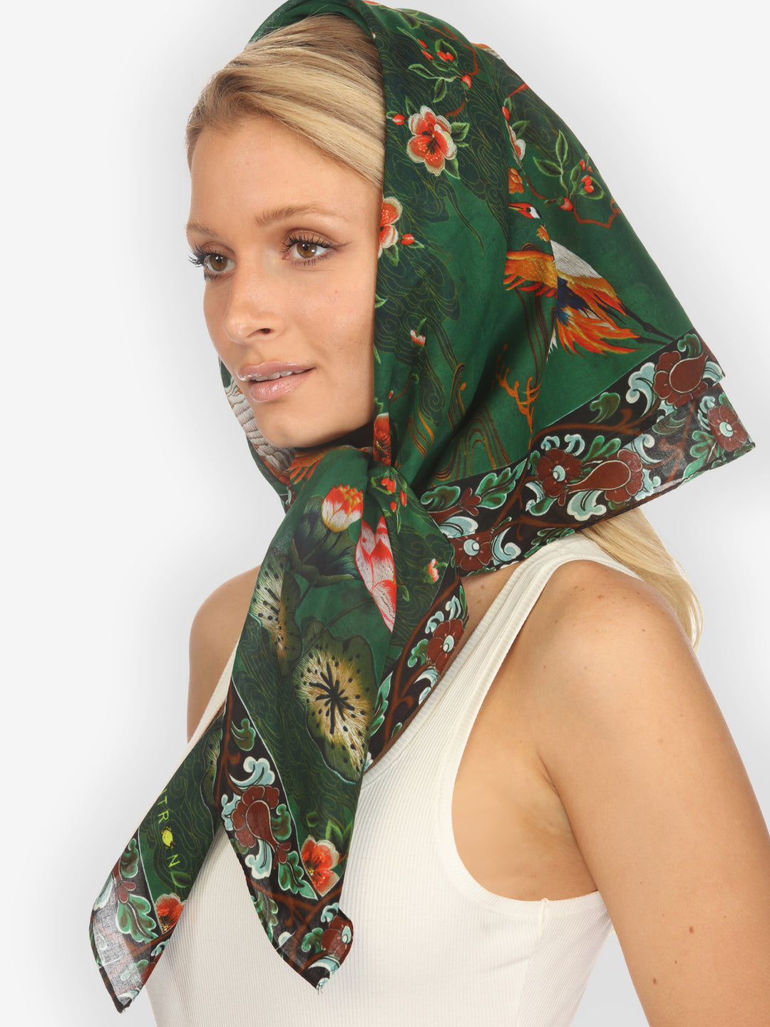 Elegant Crane Lotus Cotton Scarf
