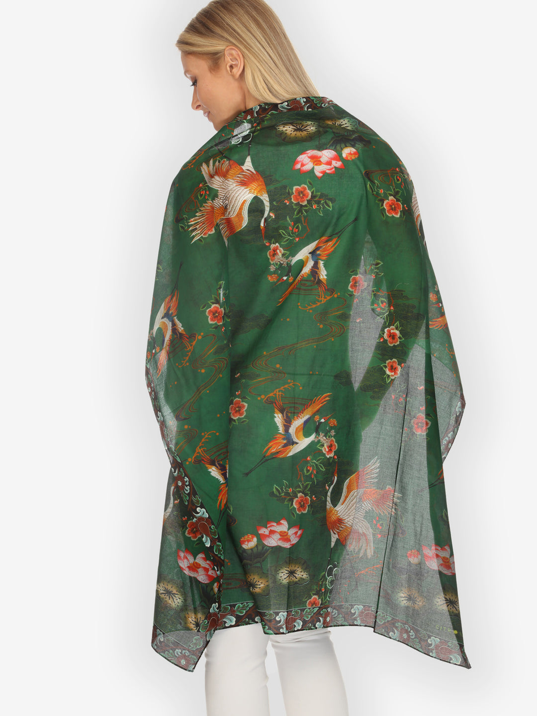 Elegant Crane Lotus Cotton Scarf