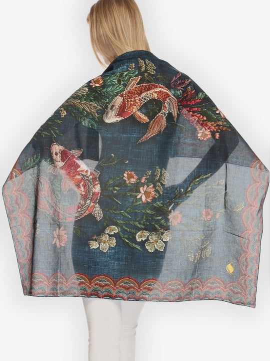 Vintage Koi Embroidery Cotton Scarf