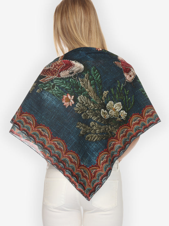 Vintage Koi Embroidery Cotton Scarf