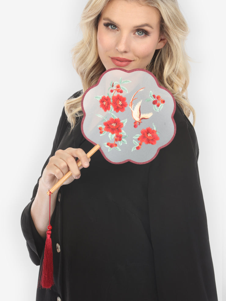 Red Flowers Bird Embroidery Fan