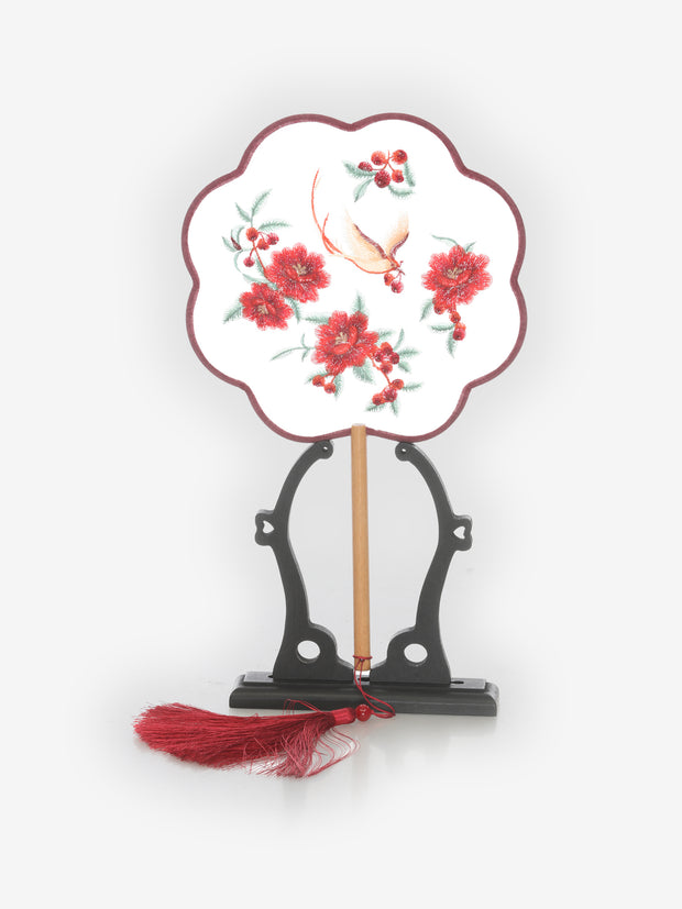 Red Flowers Bird Embroidery Fan