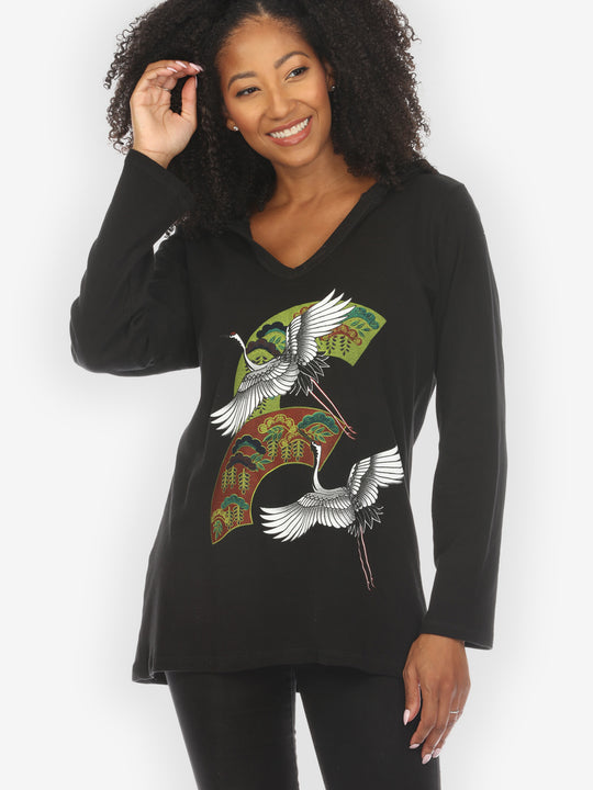 Crane Bonsai Print Cotton V-Neck Hoodie - XXS