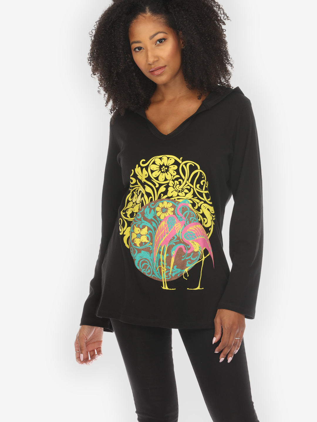 Flamingo Flower Print Cotton V-Neck Hoodie -  M; L