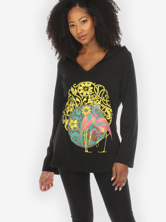Flamingo Flower Print Cotton V-Neck Hoodie -  M; L