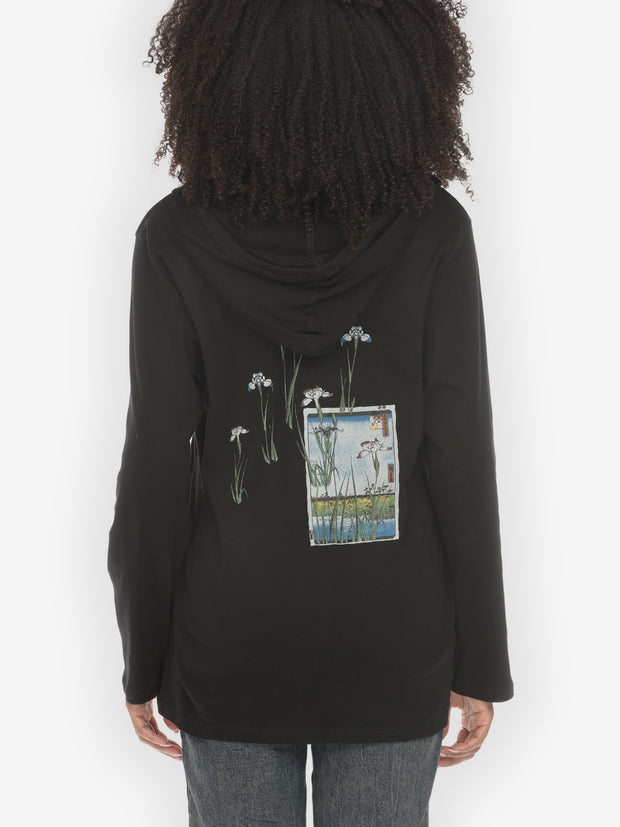 Japanese Irises Traditional Print Cotton Hoodie -  L
