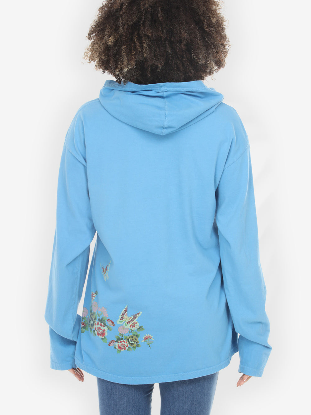 Butterfly Flower Print Light Blue Hoodie Sweatshirt - S;  XL