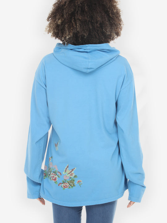 Butterfly Flower Print Light Blue Hoodie Sweatshirt - S;  XL