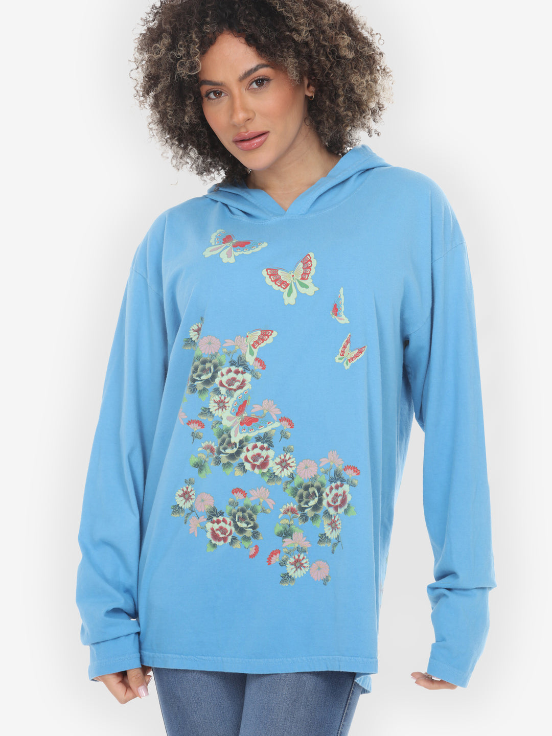 Butterfly Flower Print Light Blue Hoodie Sweatshirt - S;  XL