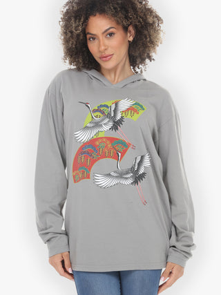 Crane Bonsai Print in Gray Hoodie Sweatshirt - M