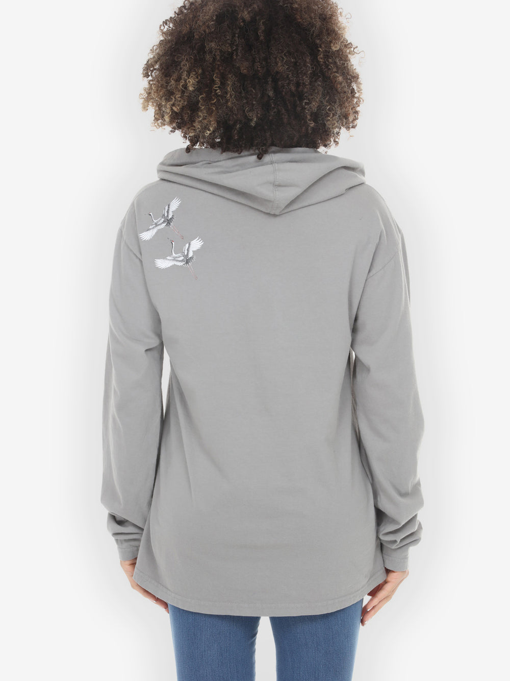 Crane Bonsai Print in Gray Hoodie Sweatshirt - M