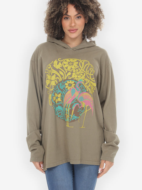 Flamingo Flower Print Khaki Hoodie Sweatshirt - L
