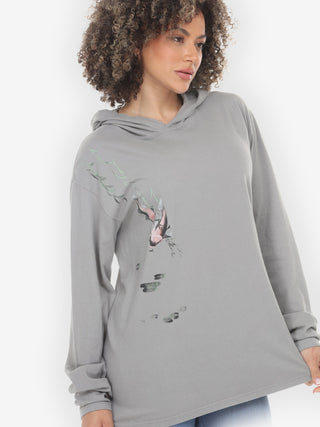 Koi Bamboo Print in Gray Hoodie Sweatshirt - M