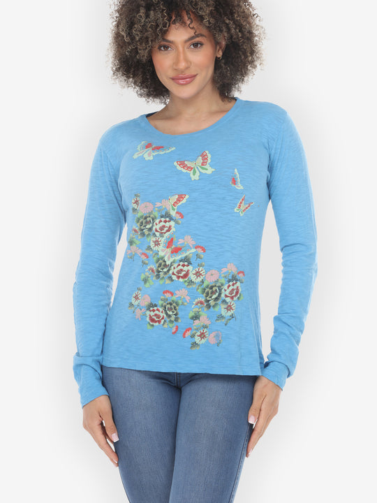 Butterfly Flower Print Light Blue Cotton Tee - M