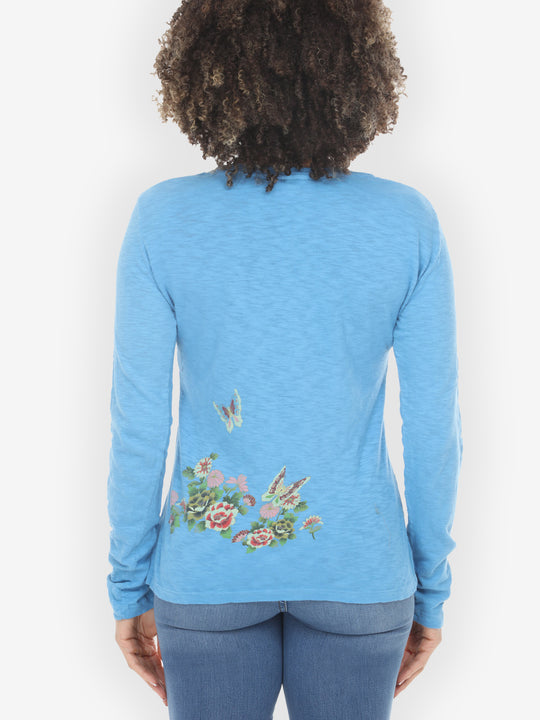Butterfly Flower Print Light Blue Cotton Tee - M
