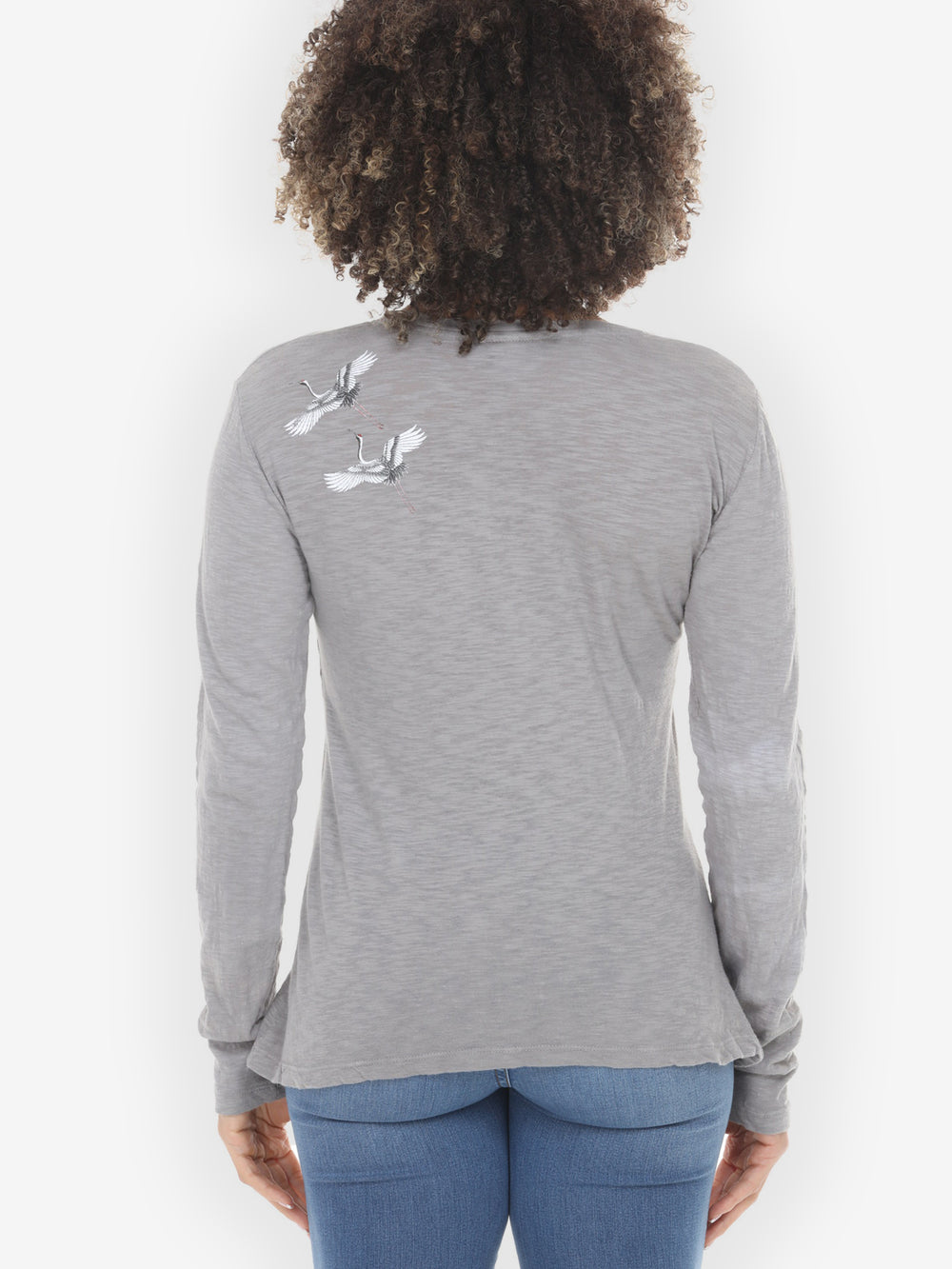 Crane Bonsai Print in Gray Cotton Tee - 0X