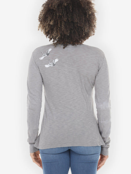 Crane Bonsai Print in Gray Cotton Tee - 0X