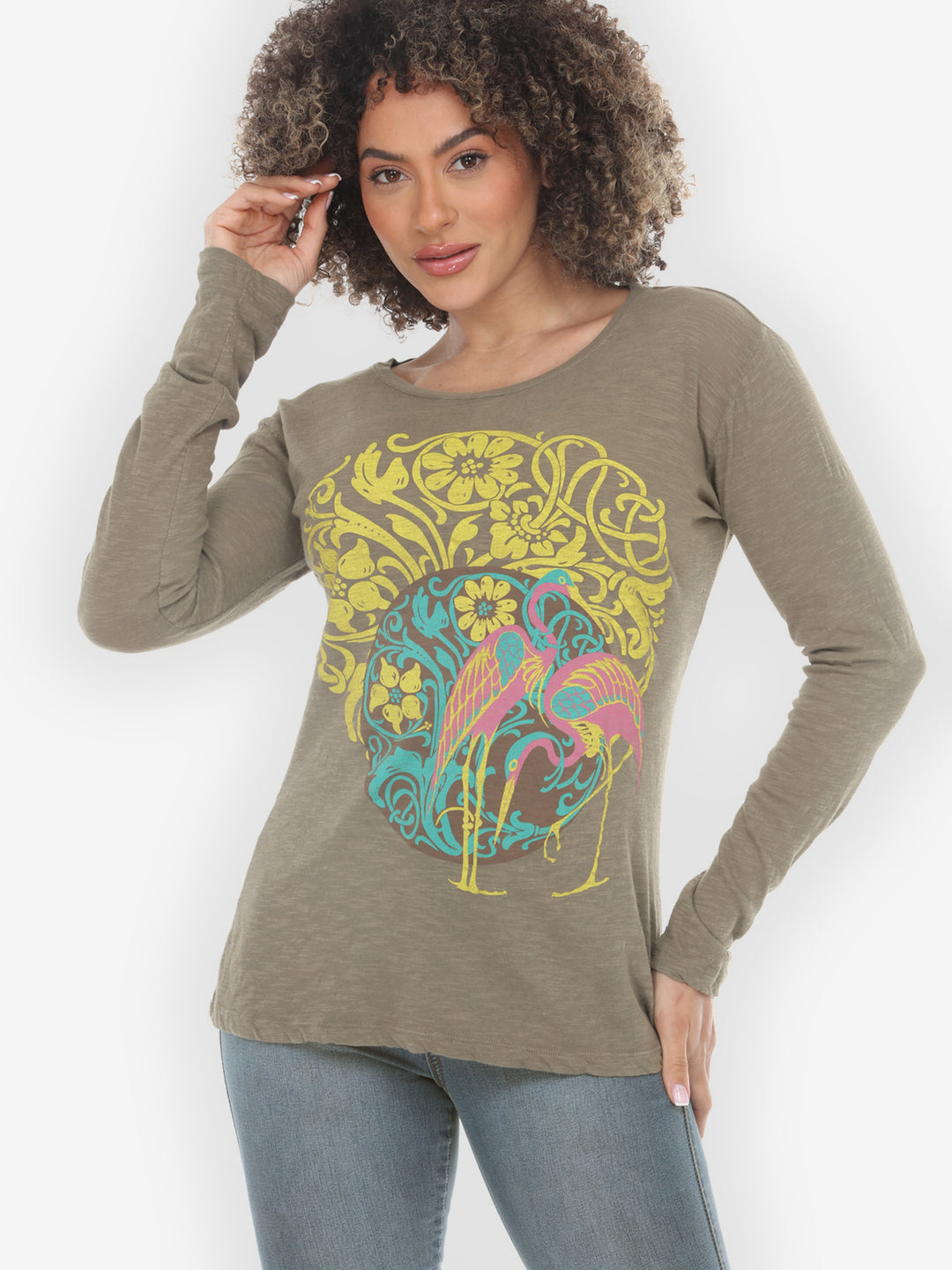 Flamingo Flower Print Khaki Cotton Tee - M