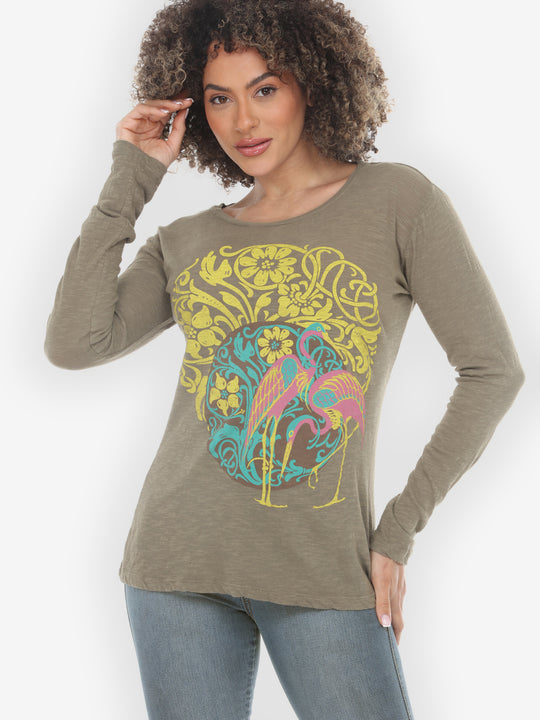 Flamingo Flower Print Khaki Cotton Tee - M