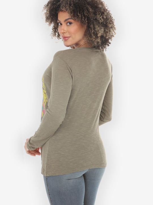 Flamingo Flower Print Khaki Cotton Tee - M