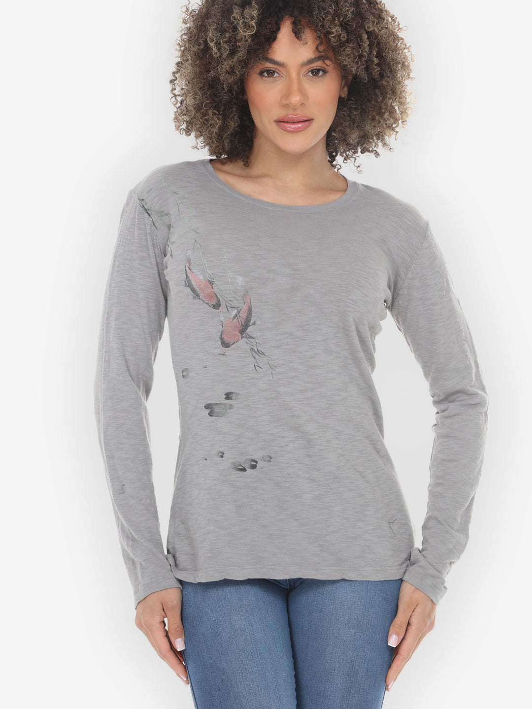 Koi Bamboo Print in Gray Cotton Tee - S