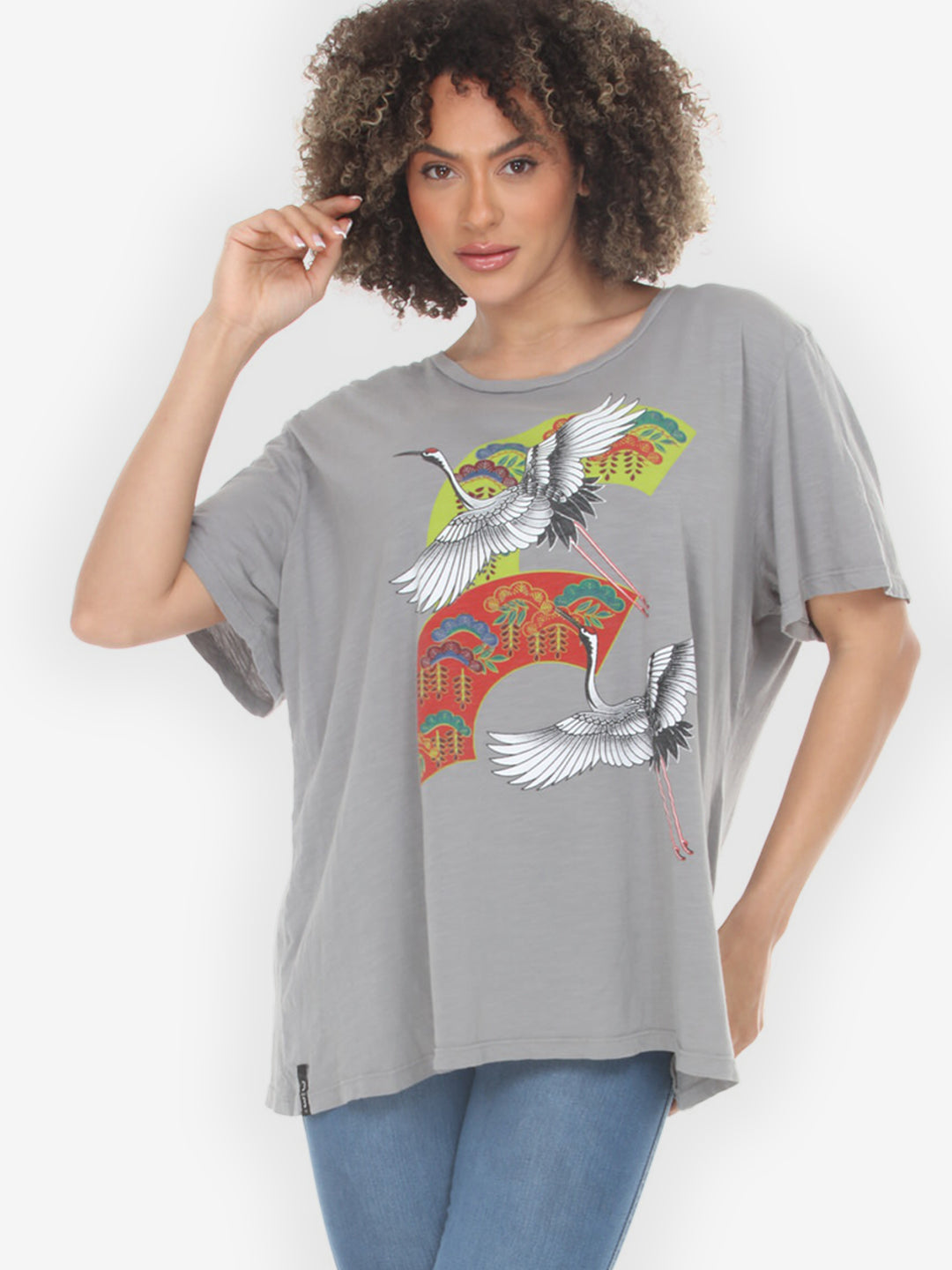 Crane Bonsai Print in Gray Cotton Short Sleeves Tee - 1X