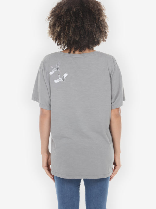 Crane Bonsai Print in Gray Cotton Short Sleeves Tee - 1X