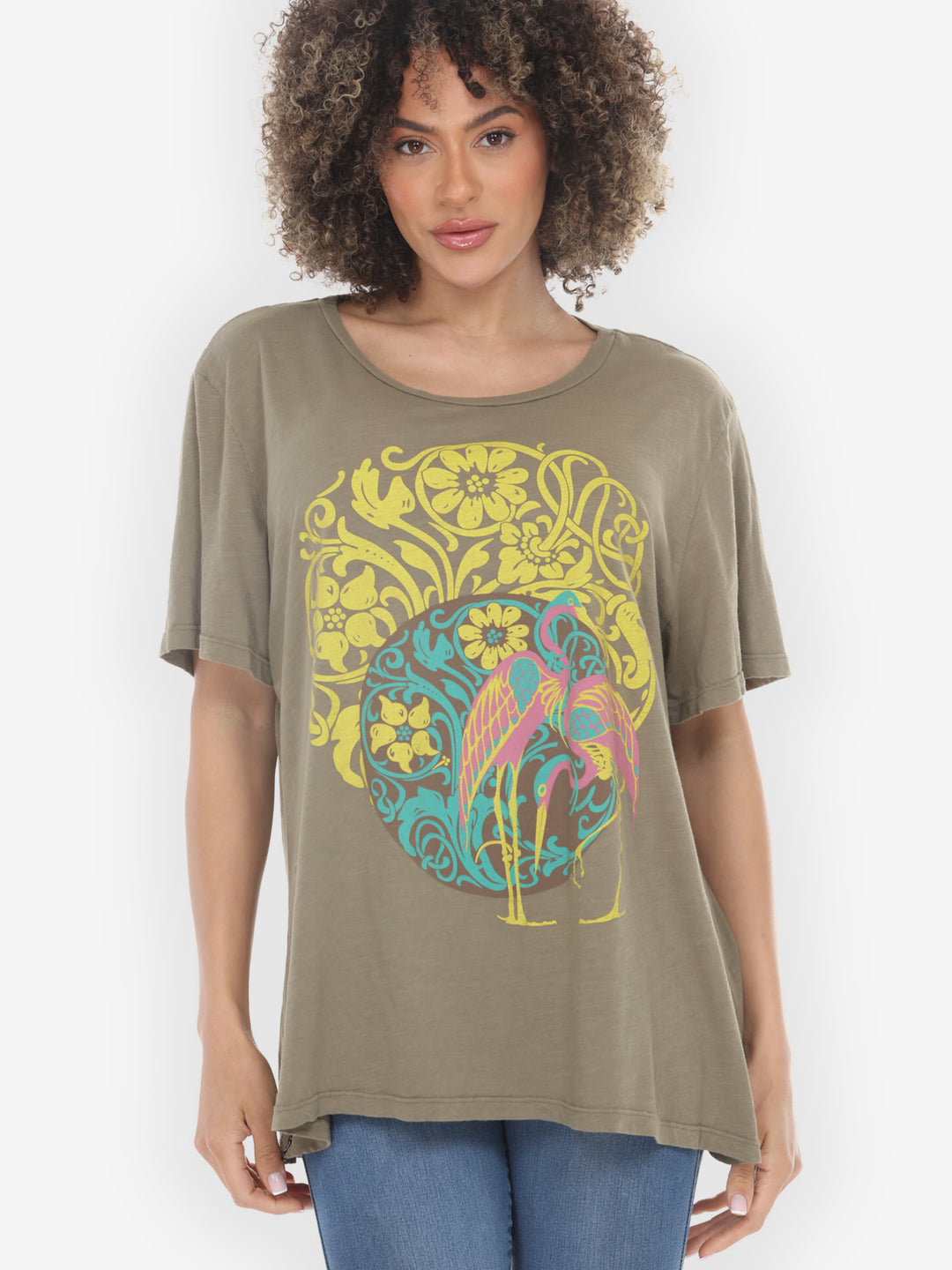 Flamingo Flower Print Khaki Cotton Short Sleeves Tee - 1X