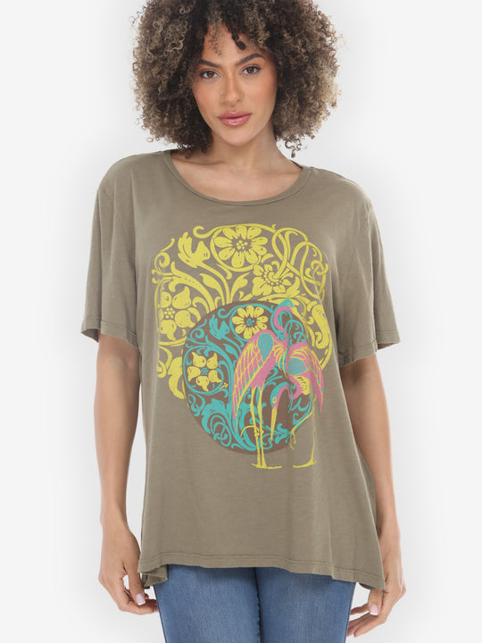 Flamingo Flower Print Khaki Cotton Short Sleeves Tee - 1X