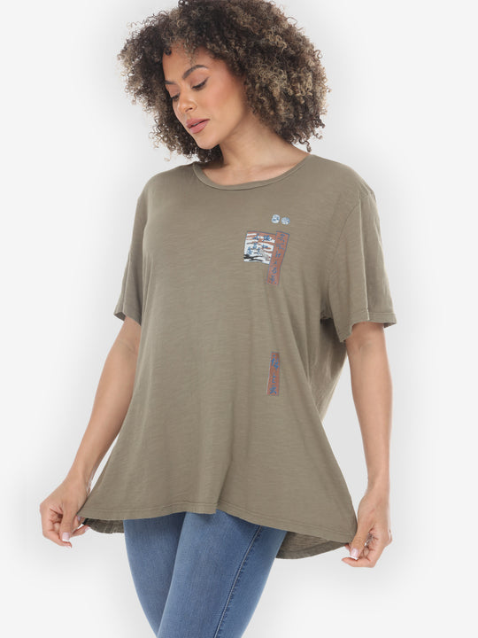 Japanese Irises Traditional Print Khaki Cotton Short Sleeves Tee - 1X