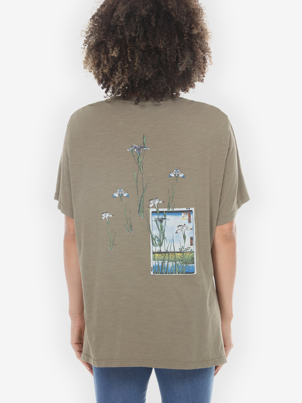 Japanese Irises Traditional Print Khaki Cotton Short Sleeves Tee - 1X