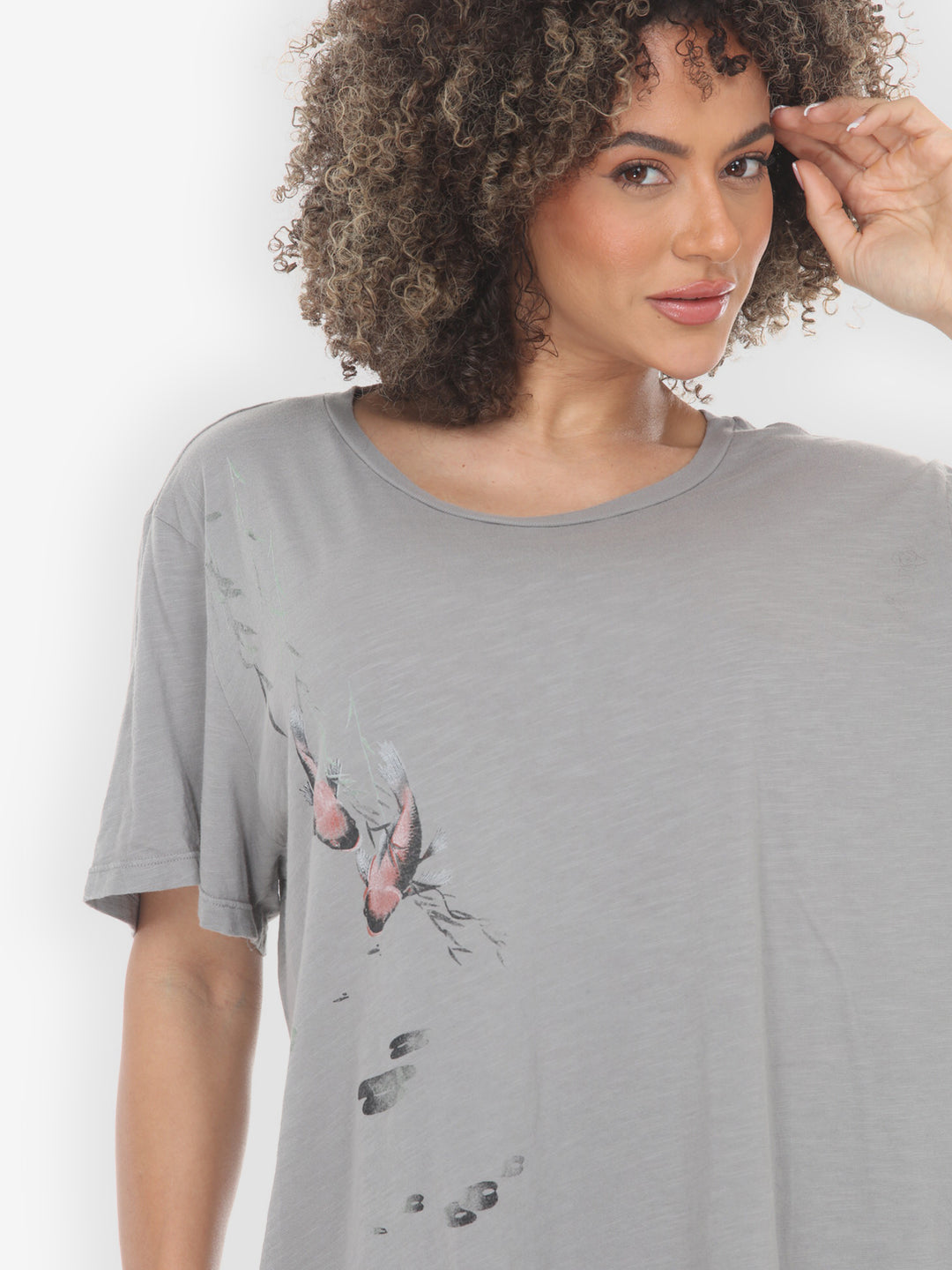 Koi Bamboo Print in Light Gray Cotton Tee - 1X