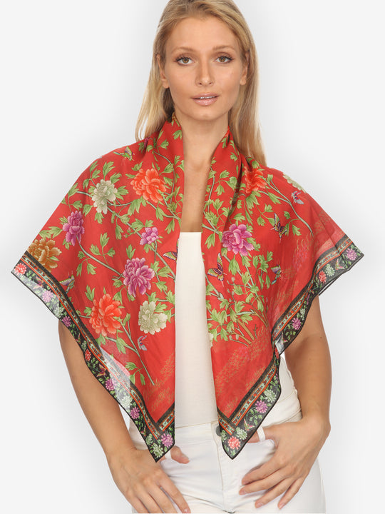 Border Floral Butterfly in Red  Scarf