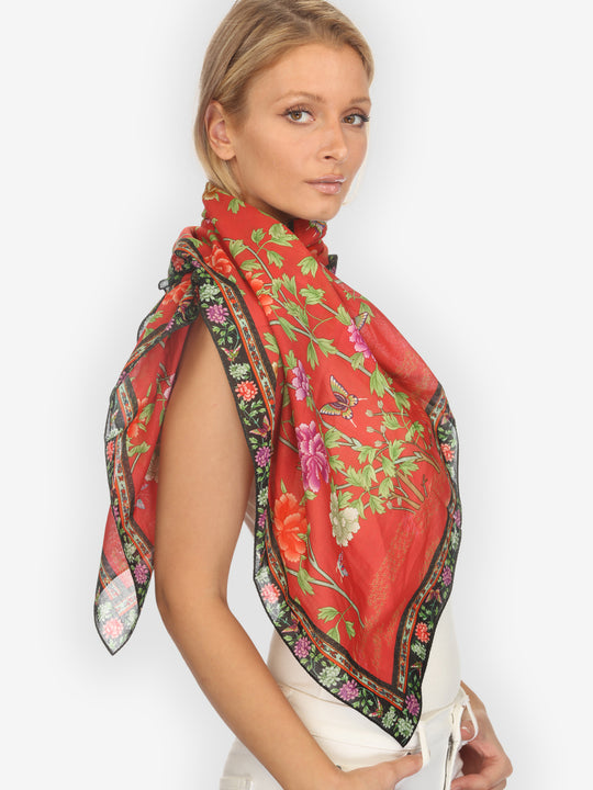 Border Floral Butterfly in Red  Scarf