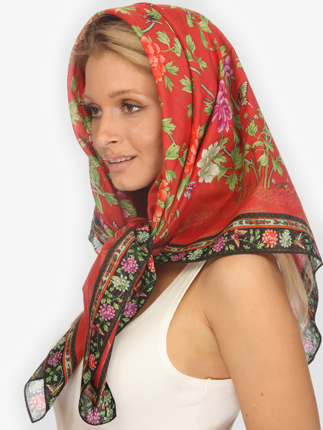 Border Floral Butterfly in Red  Scarf